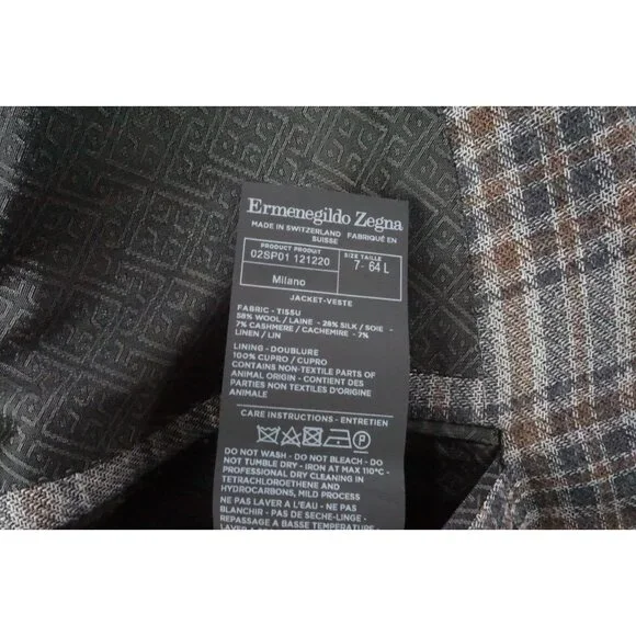 Ermenegildo Zegna Milano Current Cashmere Blend Gray Brown Plaid Sport Coat 54L
